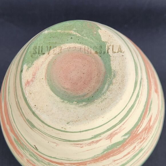 VTG 4" Pottery Vase Green Swirl Silver Springs Florida NILOAK STYLE Brush Holder - Picture 6 of 8